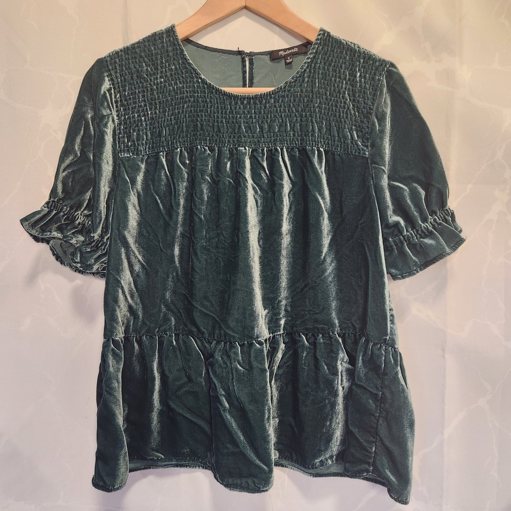 Madewell Velvet Smocked-Yoke Tiered Top Women's M Hunter Green Short Sleeve